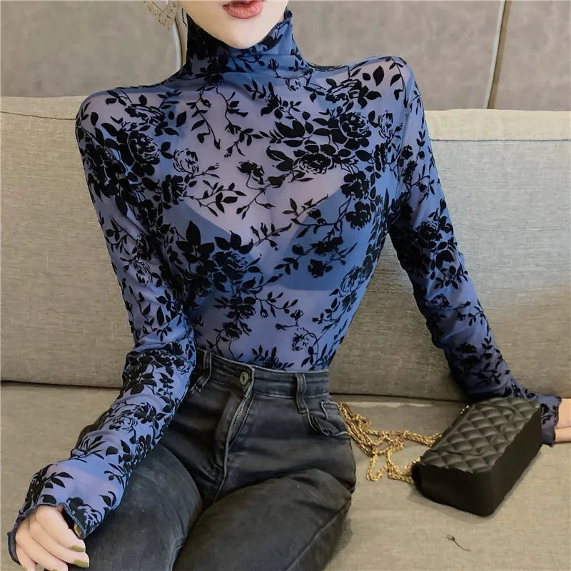 Women's Flocked Mesh Turtleneck