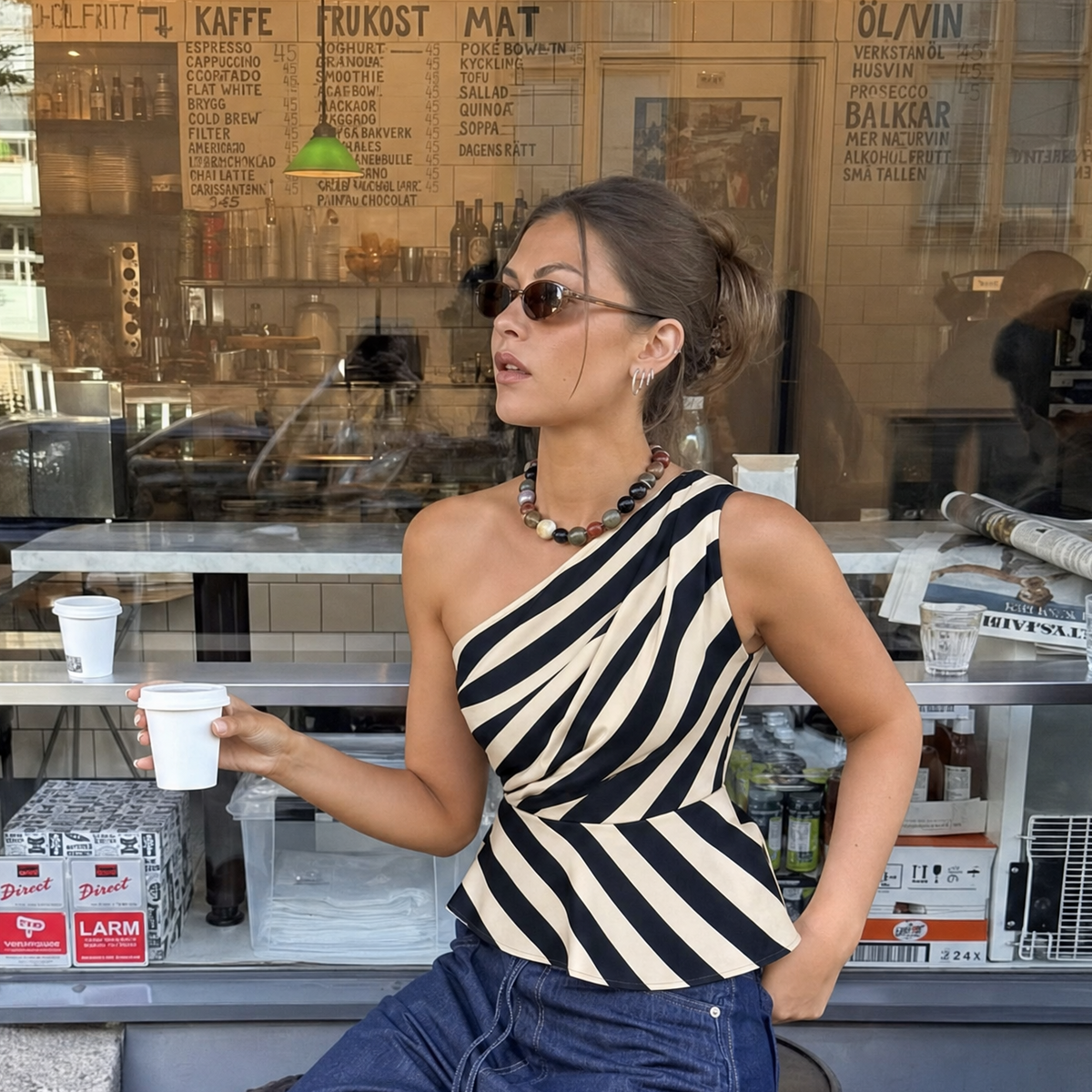Striped one shoulder trendy top