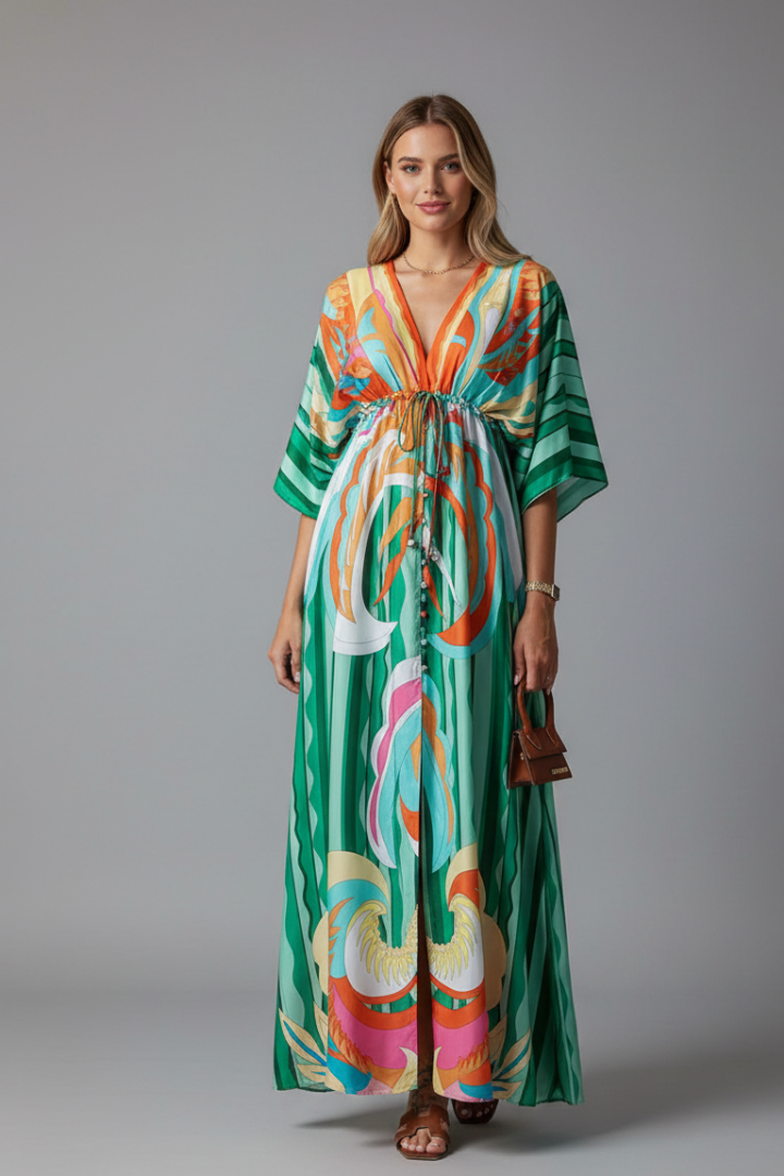 Women's Maxi Dress with V Neckline and Tie Waist
