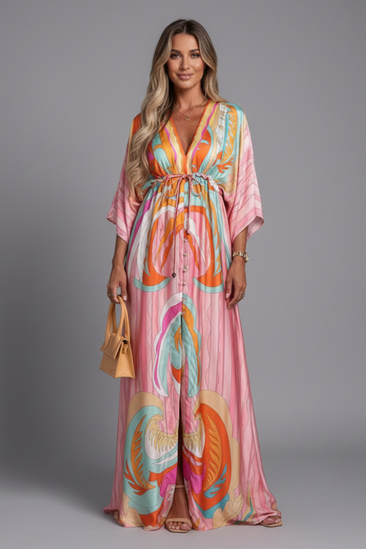 Women's Maxi Dress with V Neckline and Tie Waist