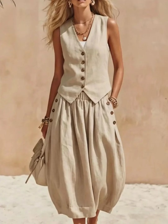 Women's Button Vest Skirt Set