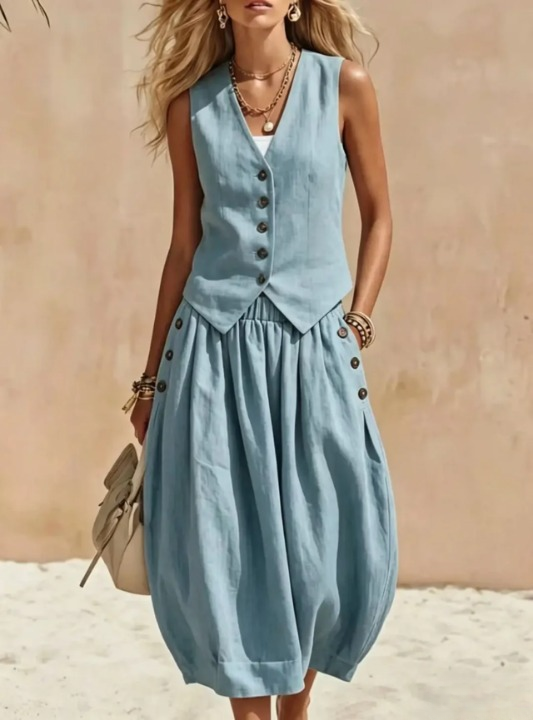 Women's Button Vest Skirt Set