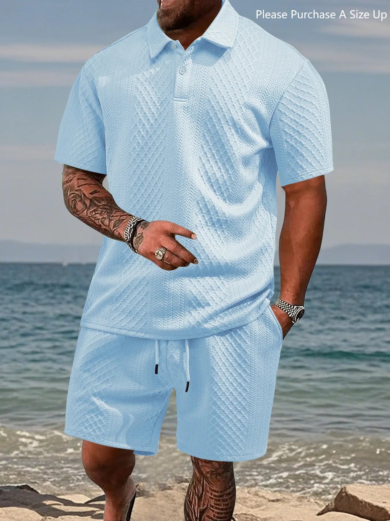 Men's Solid Polo Shirt & Drawstring Waist Shorts Set