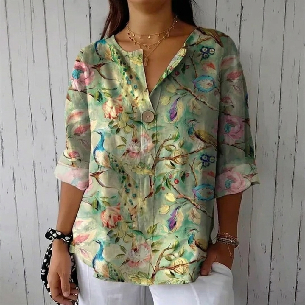 Women's Breathable Floral Print V Neck Blouse