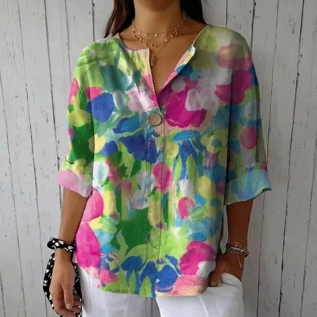 Women's Breathable Floral Print V Neck Blouse
