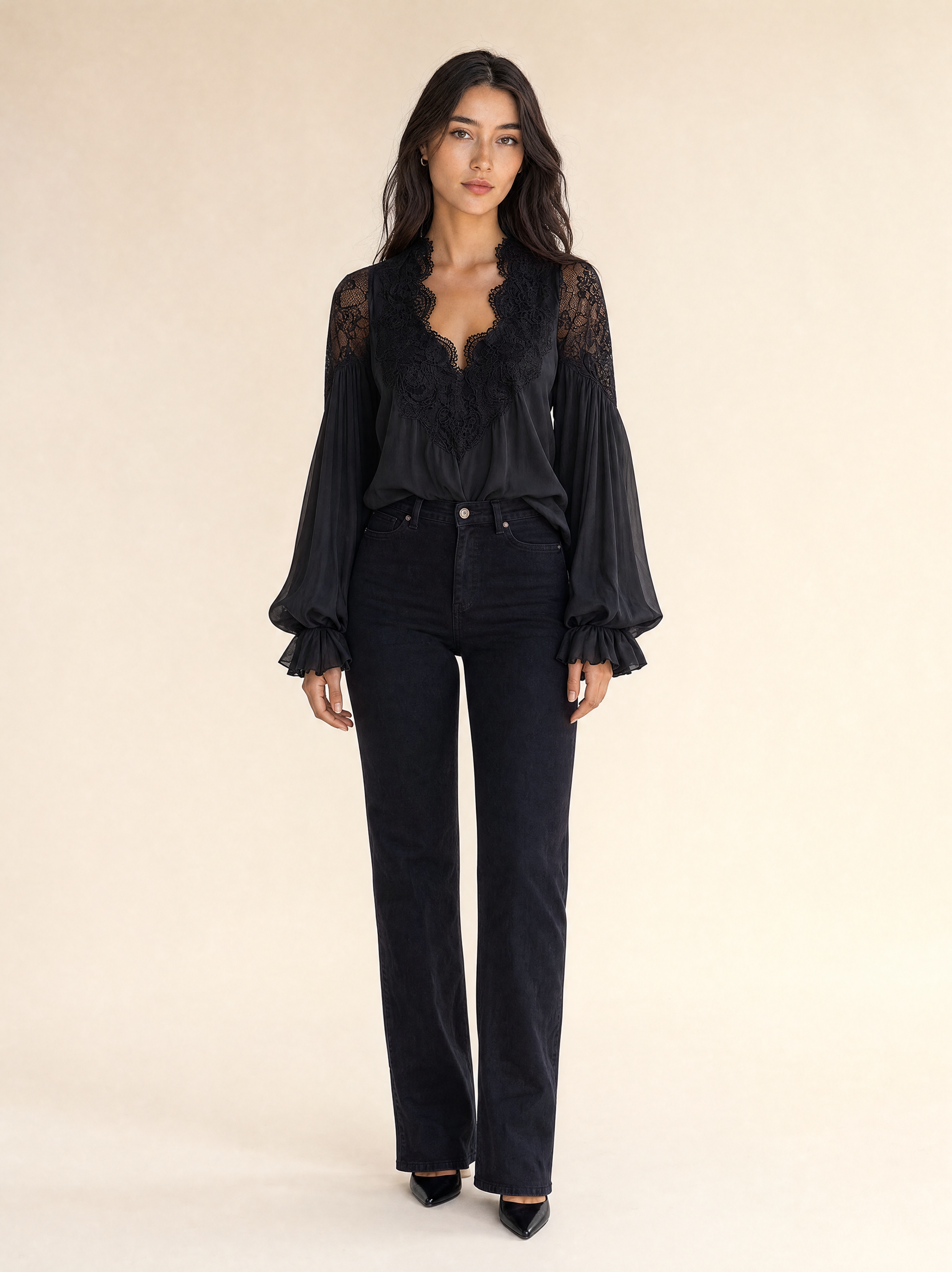 Lace-Trimmed Chiffon Blouse