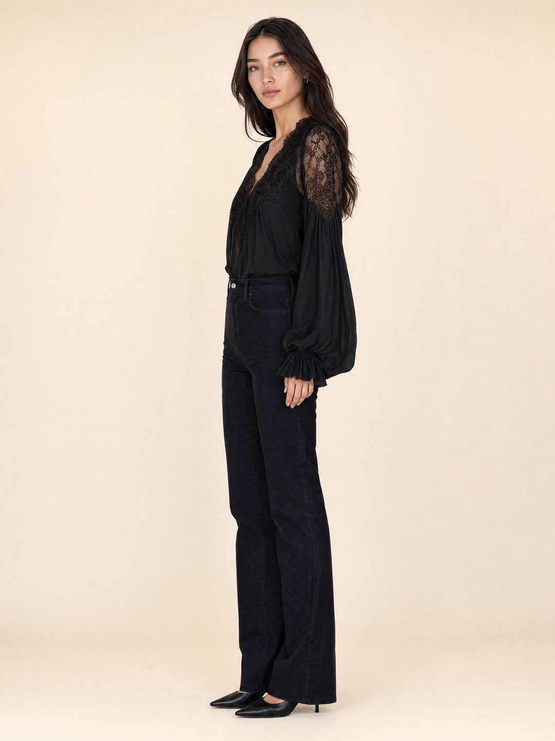 Lace-Trimmed Chiffon Blouse