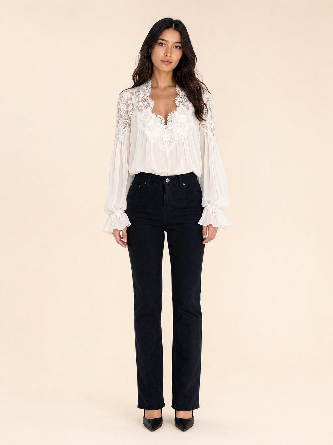 Lace-Trimmed Chiffon Blouse