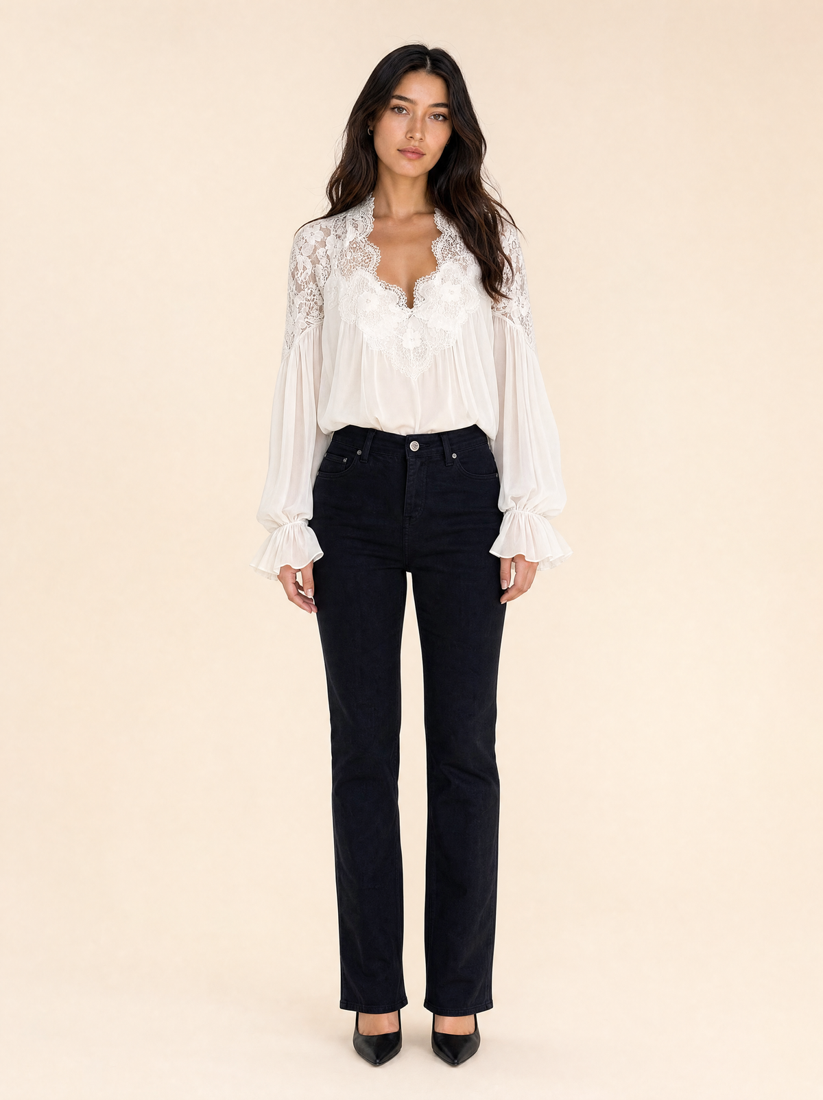 Lace-Trimmed Chiffon Blouse