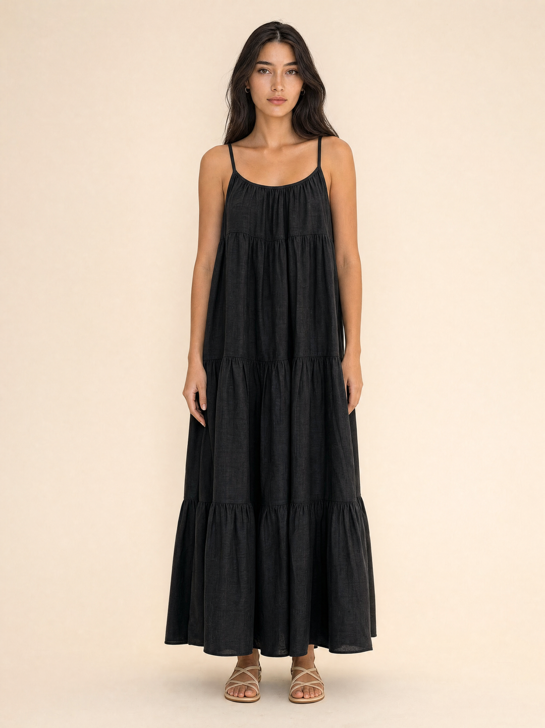 Adjustable Tiered Linen Maxi Dress