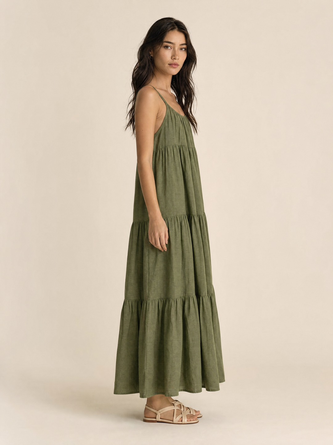 Adjustable Tiered Linen Maxi Dress