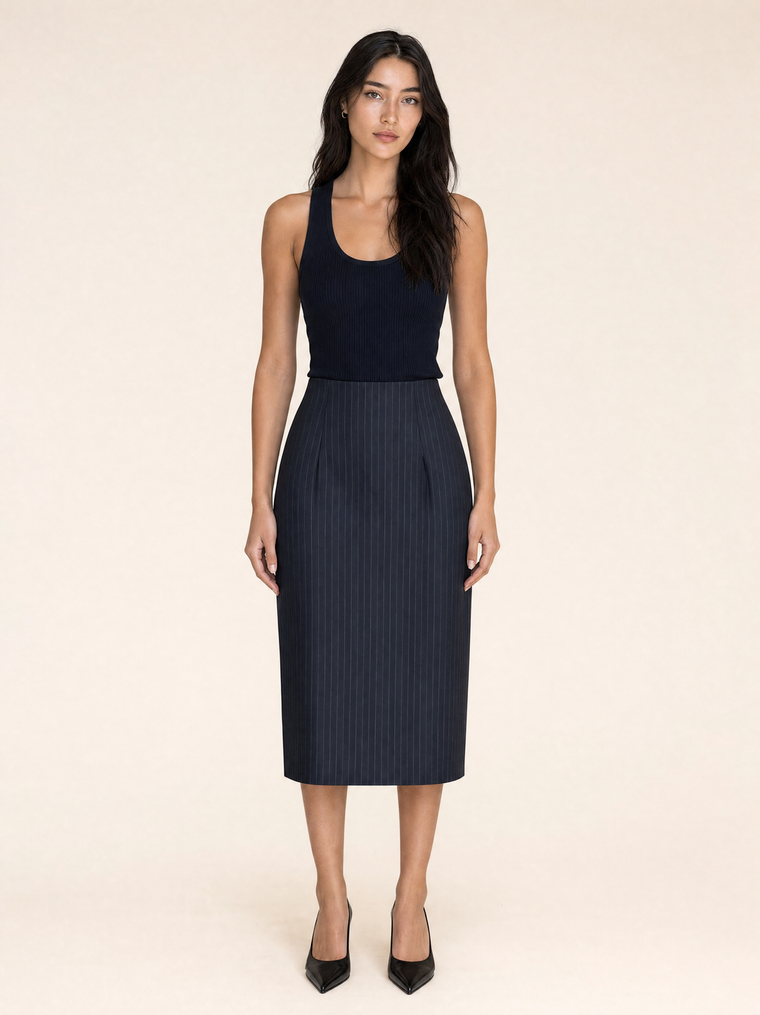 Vintage Pinstripe Pencil Midi Skirt