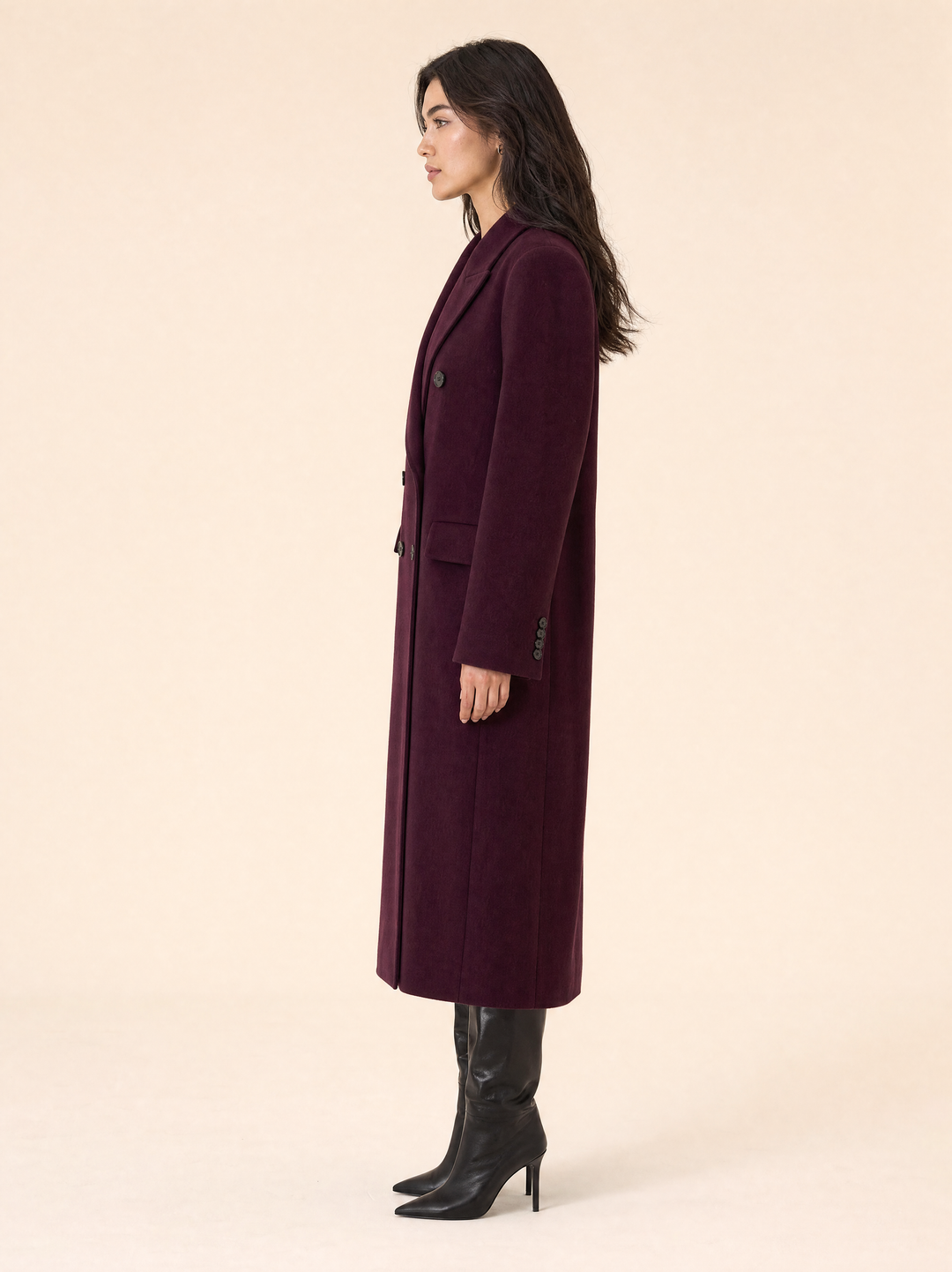 Burgundy Wool Blend Coat with Lapel