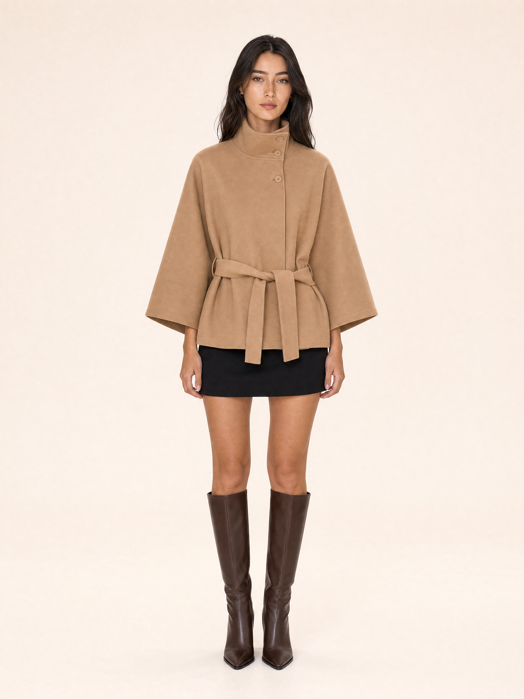 Belted Poncho Coat with Stand Collar