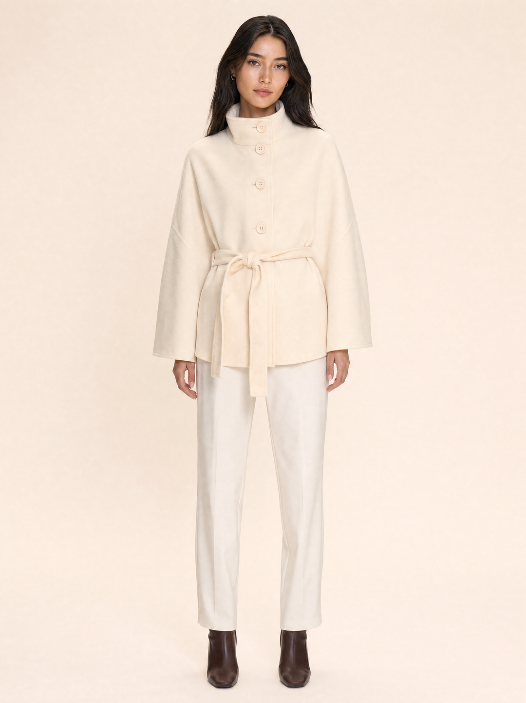 Belted Poncho Coat with Stand Collar