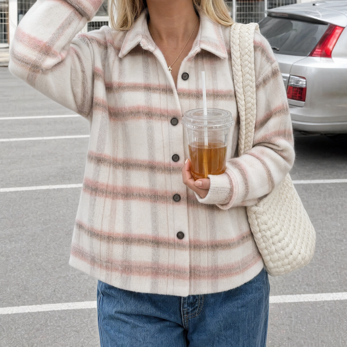 Woolen plaid cardigan top
