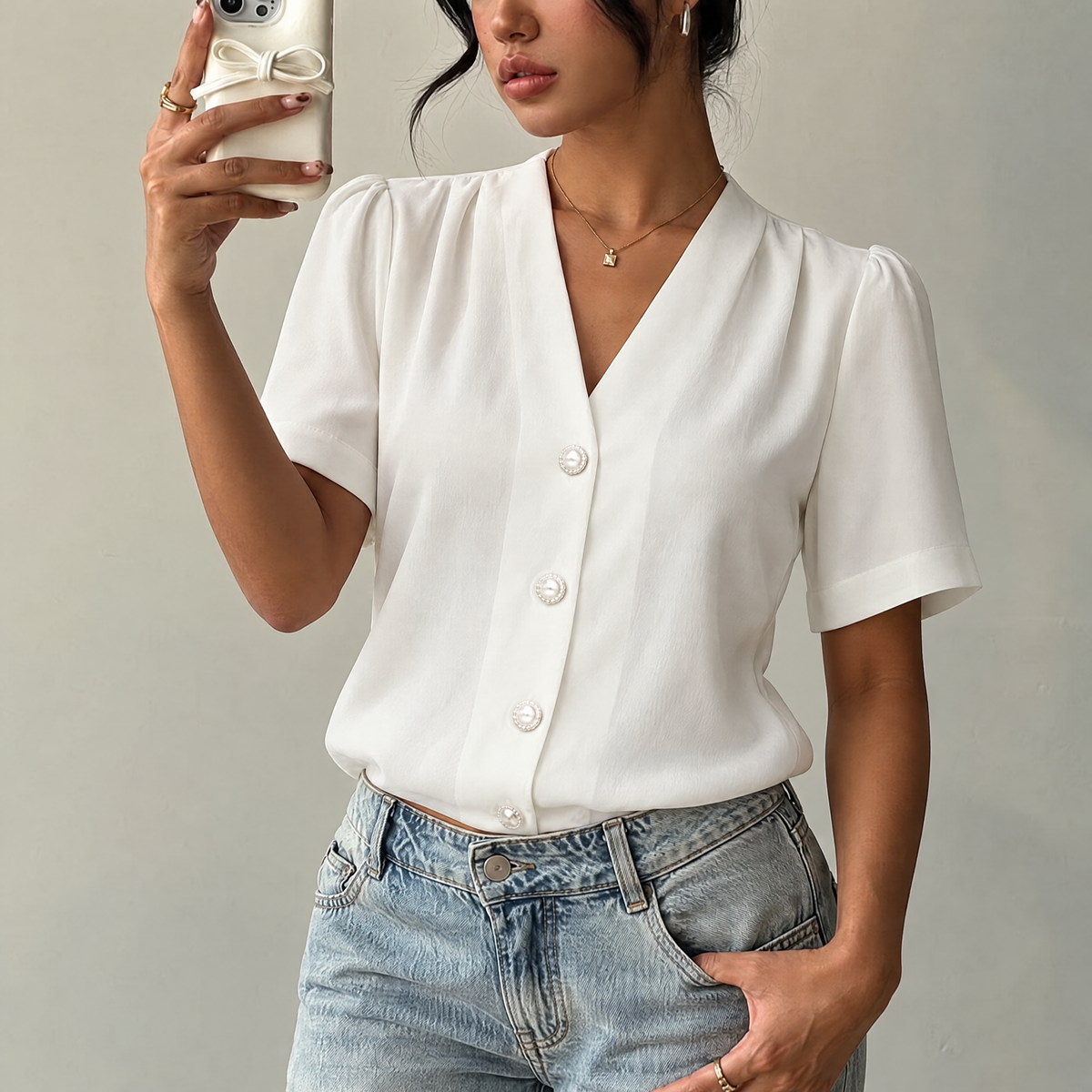 V neck casual button short sleeve shirt