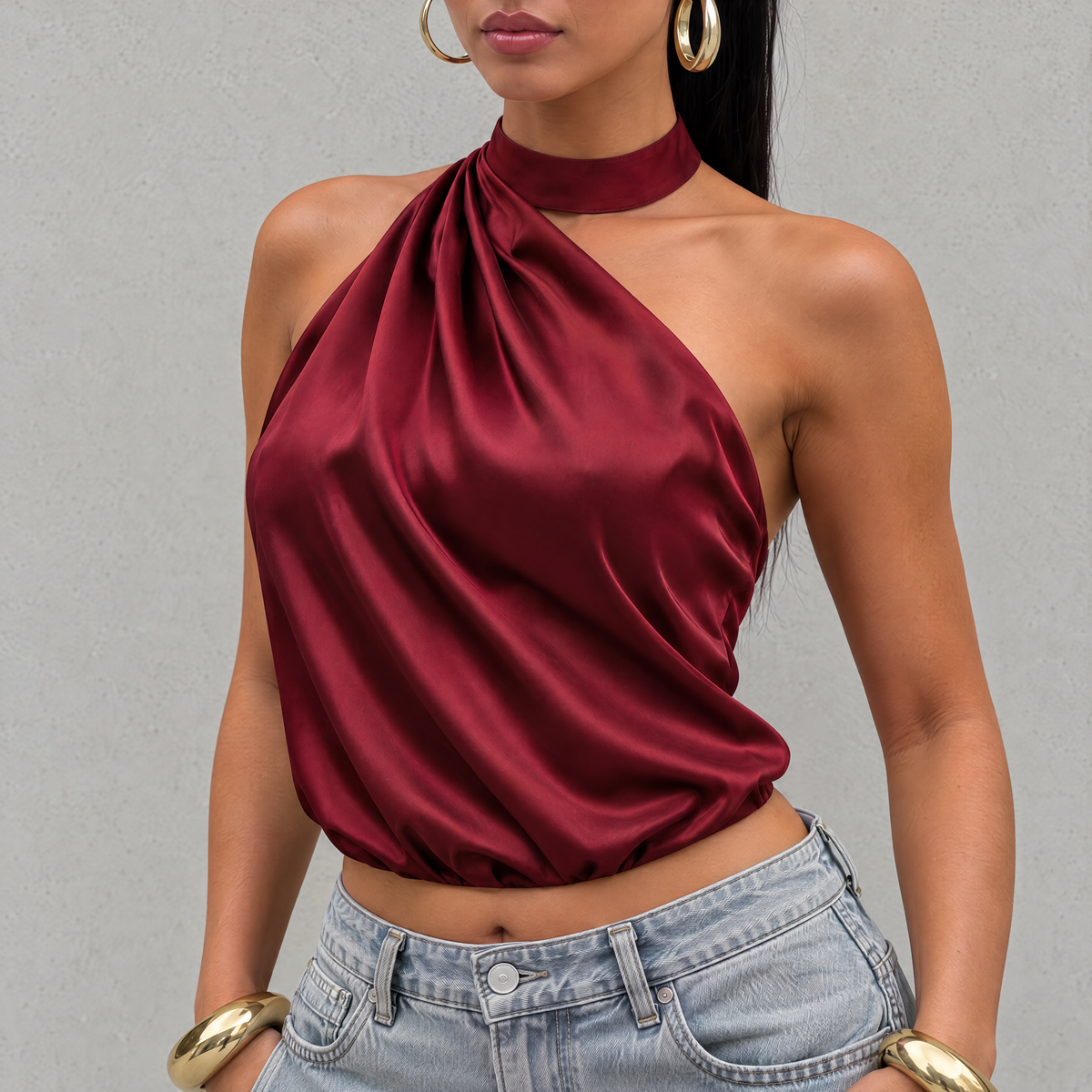Sophisticated halter one shoulder ruched crop top