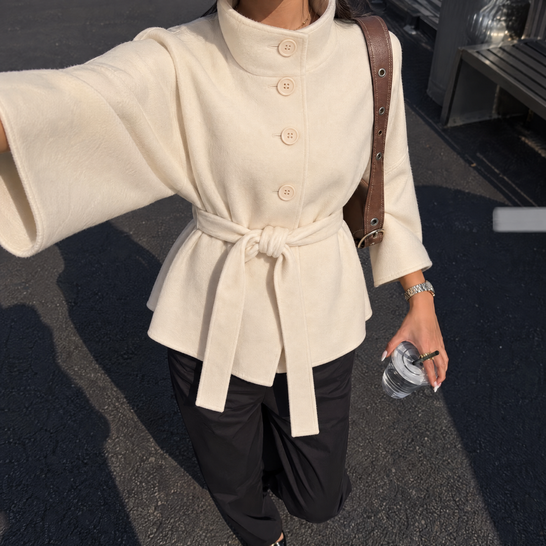 Belted Poncho Coat with Stand Collar