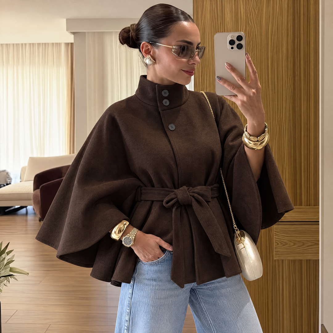 Belted Poncho Coat with Stand Collar