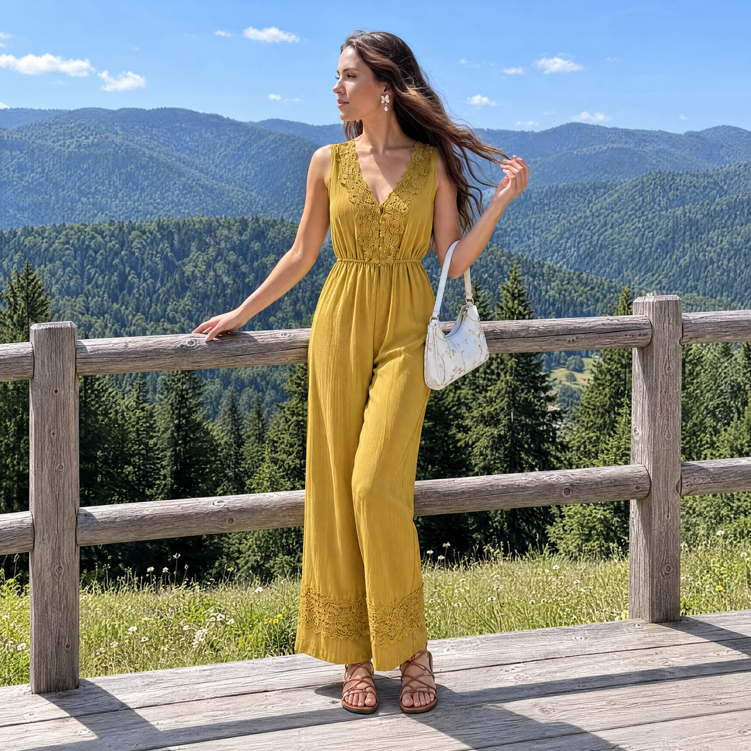 Chiffon Pleated Jumpsuit with Cutout Chest Detailing