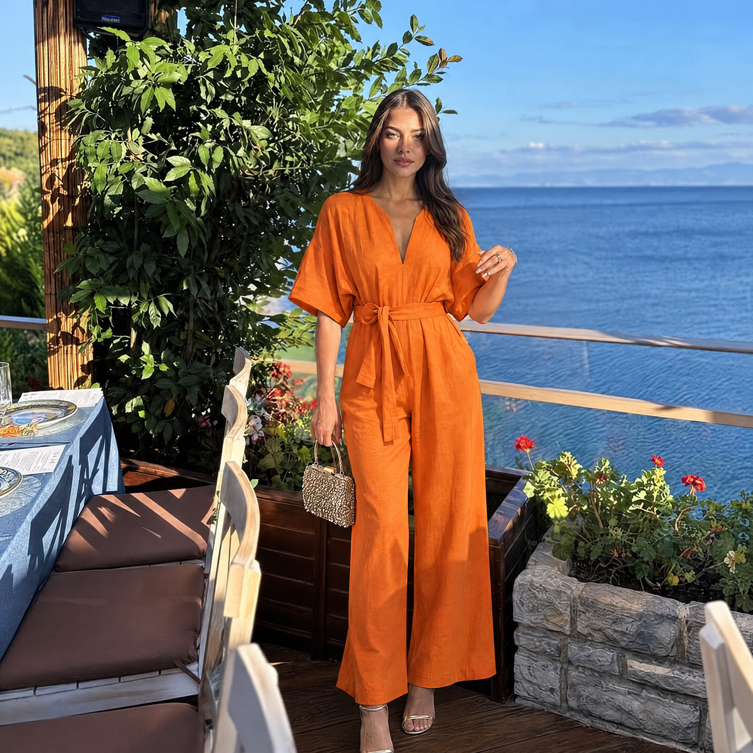 Flora V-neck Summer Linen Jumpsuit