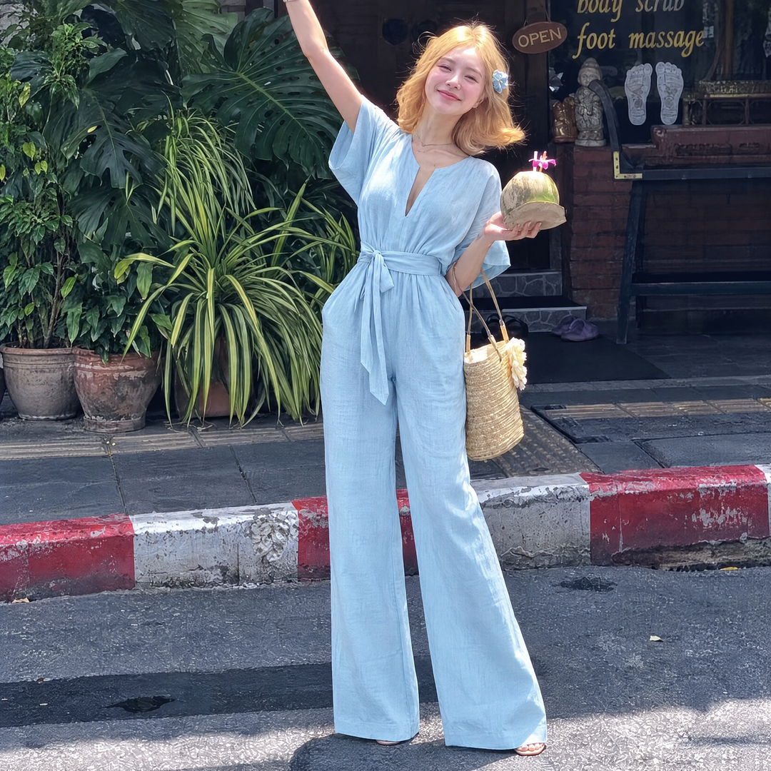 Flora V-neck Summer Linen Jumpsuit