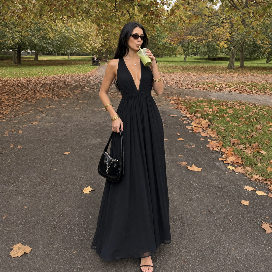 Flowing Deep V Neck Maxi Dress