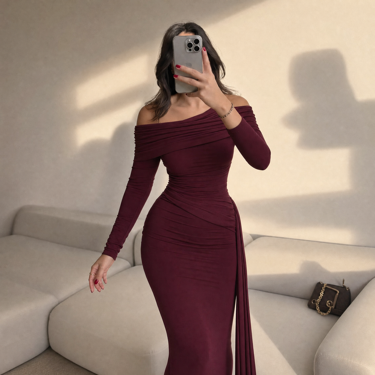Skew neck long sleeve backless draped ruched maxi dress