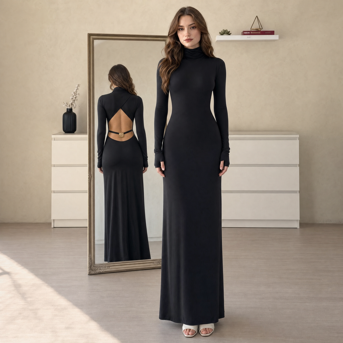 Black high neck cutout backless long sleeve maxi dress