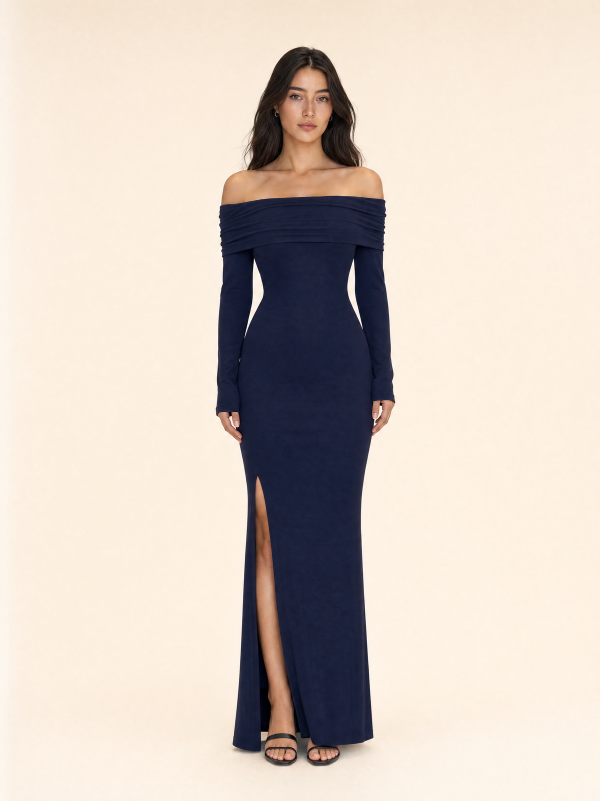 Off shoulder long sleeve bodycon midi dress with high slit