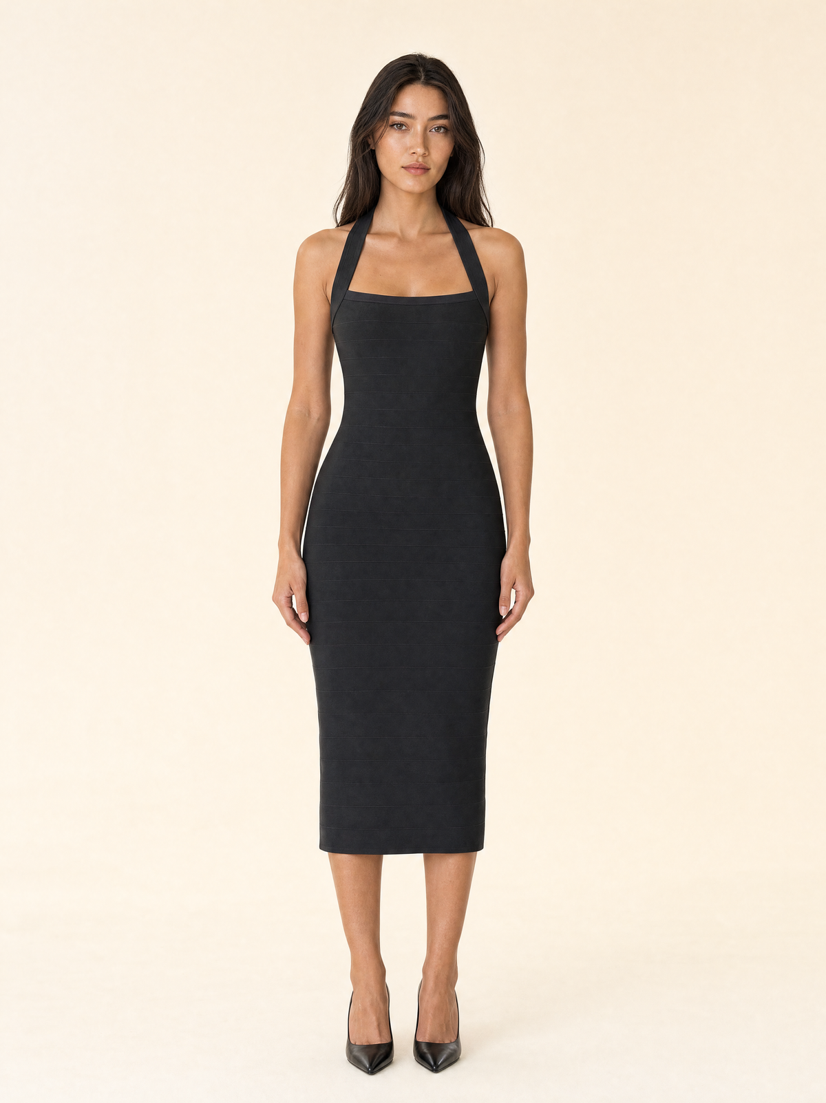 Halter slash neck striped bandage midi dress