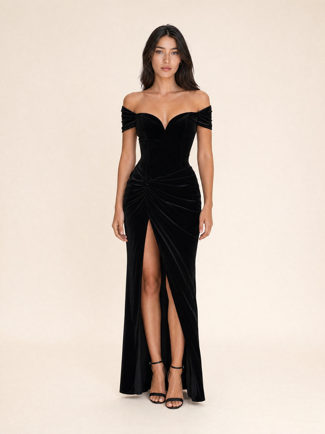 Black Velvet Off-Shoulder Sweetheart Mermaid Maxi Dress with Side Slit