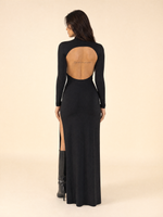 Load image into Gallery viewer, Black Backless Long-Sleeve Maxi Dress with High Slit
