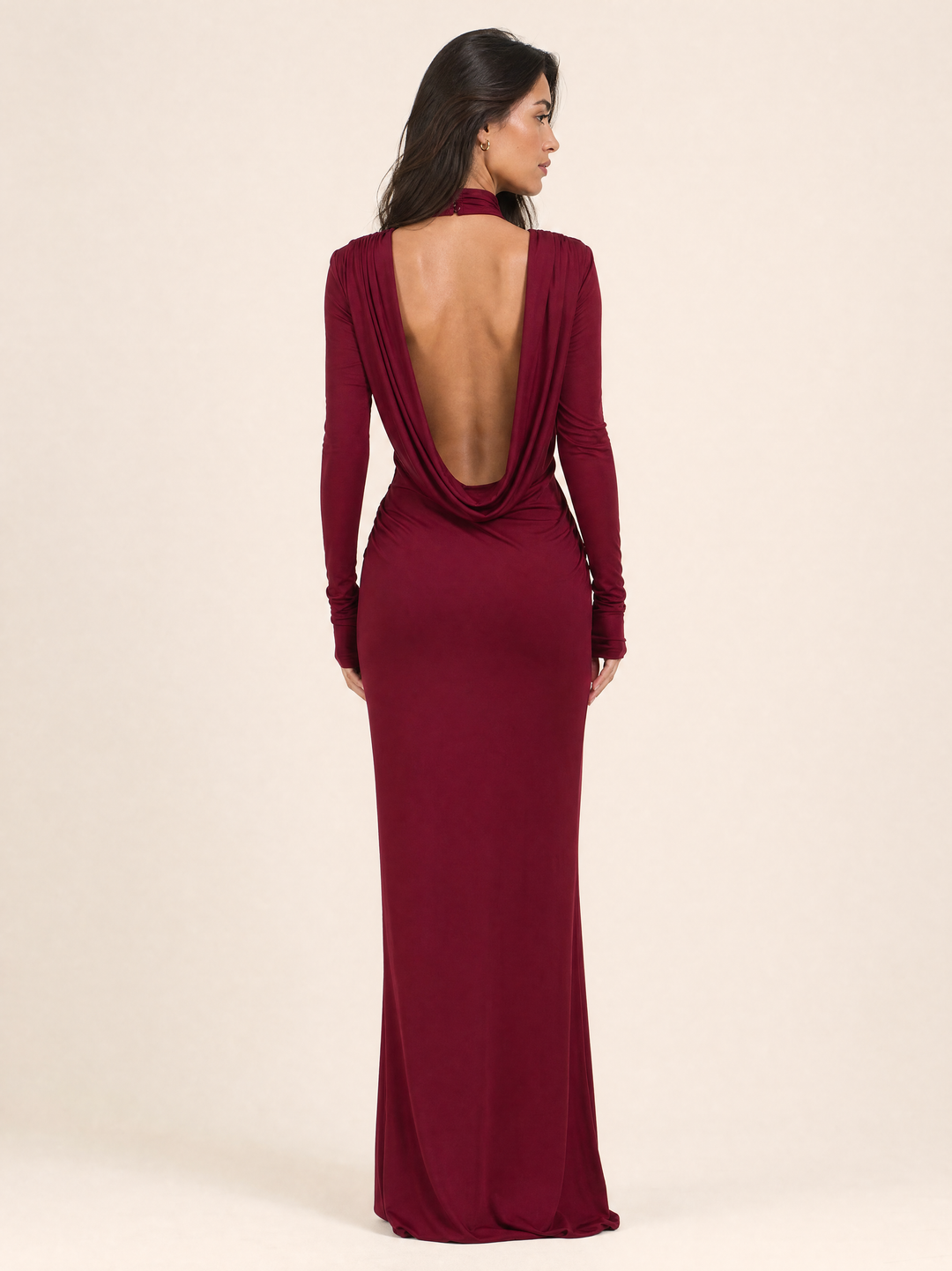 Turtleneck Long-Sleeve Backless Maxi Dress