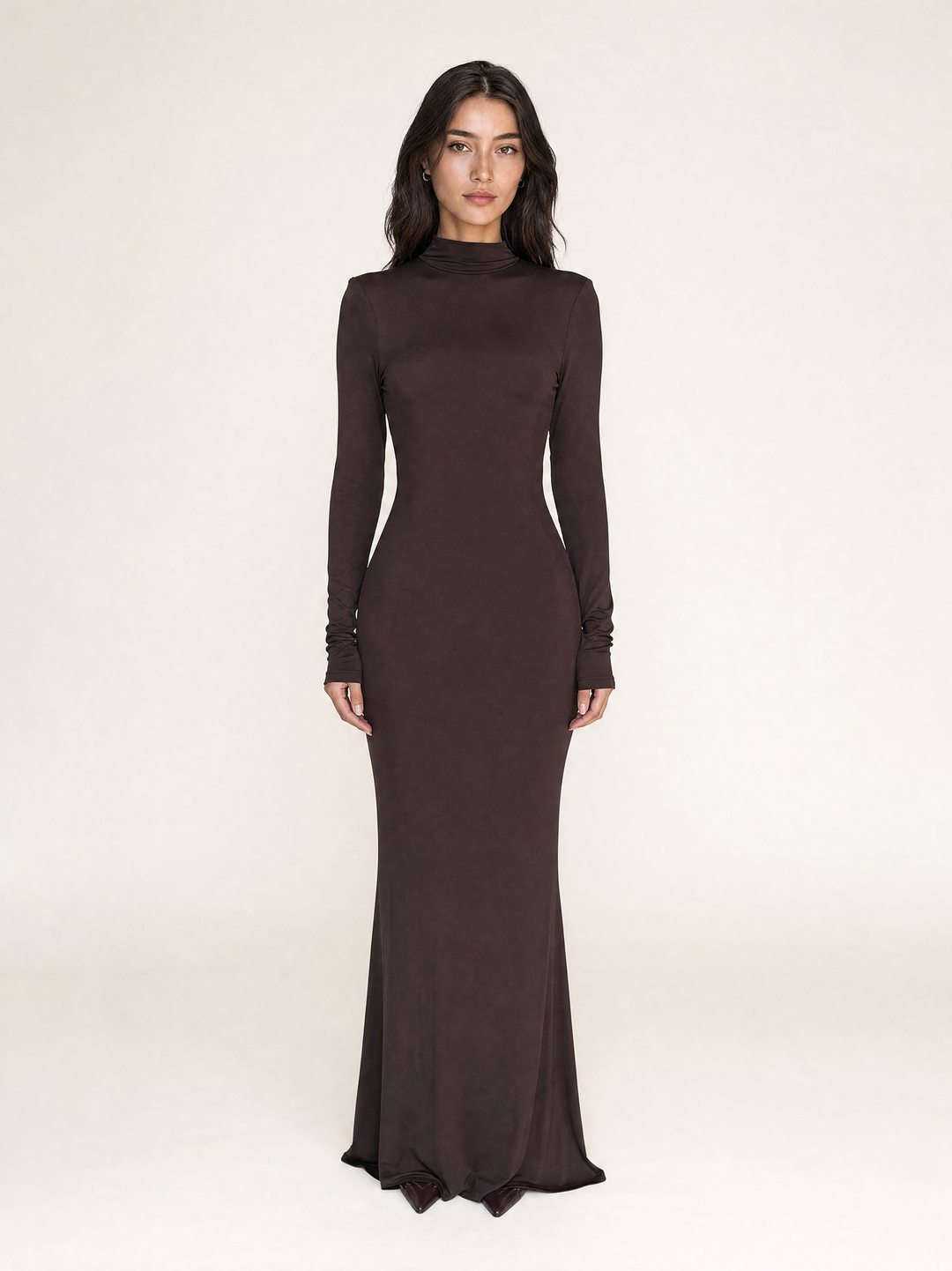 Turtleneck Long-Sleeve Backless Maxi Dress