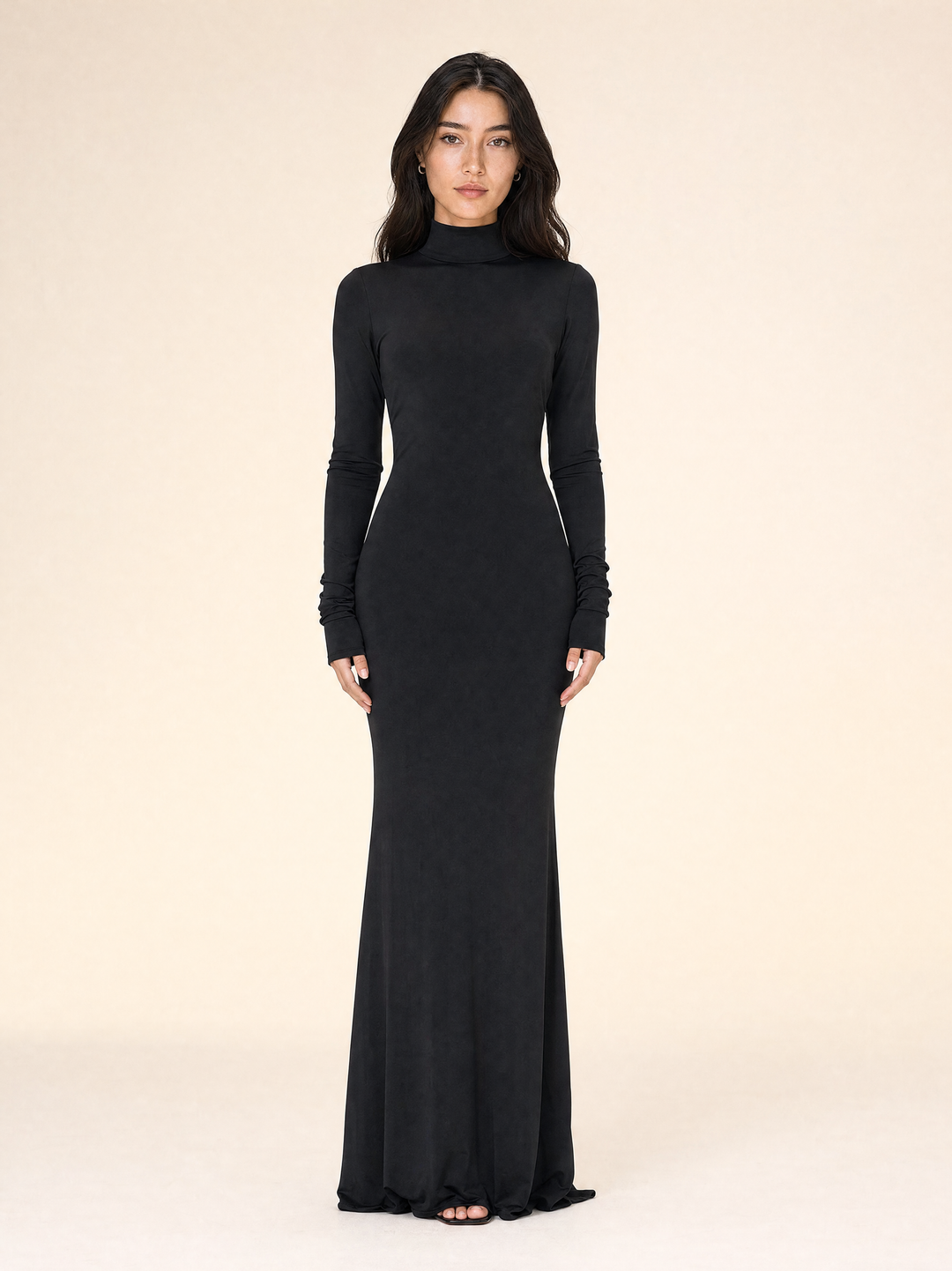 Turtleneck Long-Sleeve Backless Maxi Dress