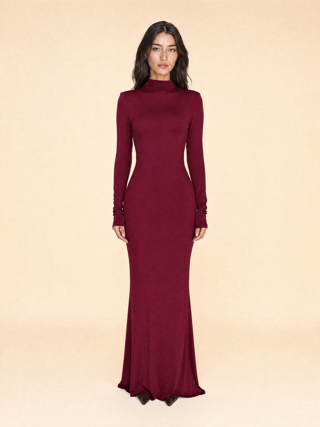 Turtleneck Long-Sleeve Backless Maxi Dress