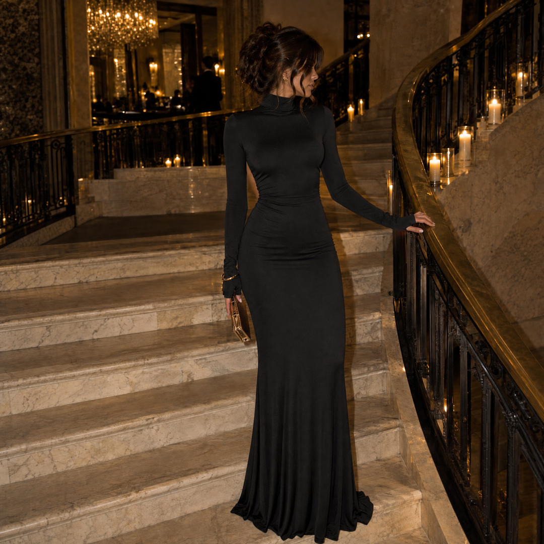 Turtleneck Long-Sleeve Backless Maxi Dress