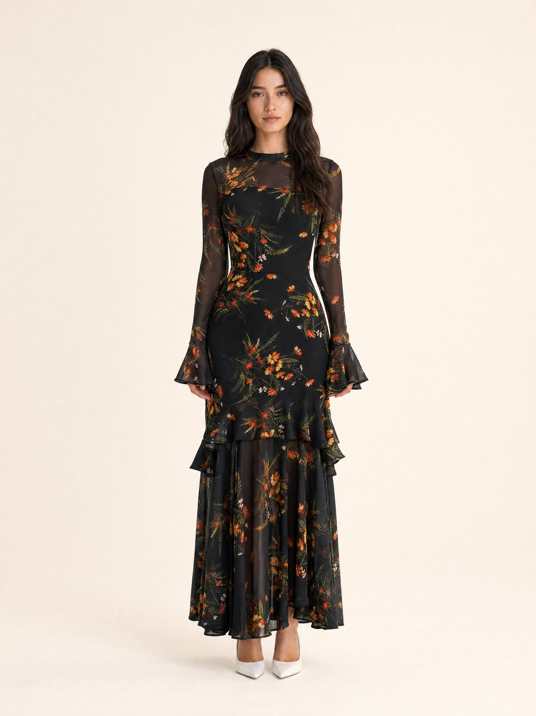 Floral Print Flared-Sleeve Ruffle Hem Maxi Dress