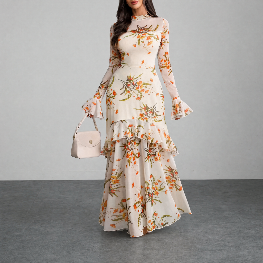 Floral Print Flared-Sleeve Ruffle Hem Maxi Dress