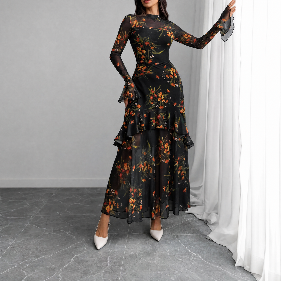 Floral Print Flared-Sleeve Ruffle Hem Maxi Dress
