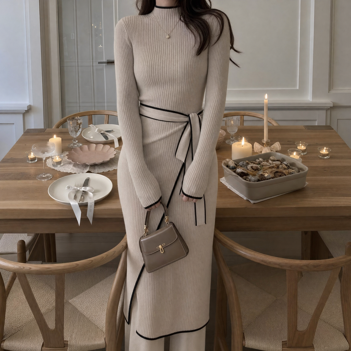 Autumn winter half collar long sleeve knit maxi dress