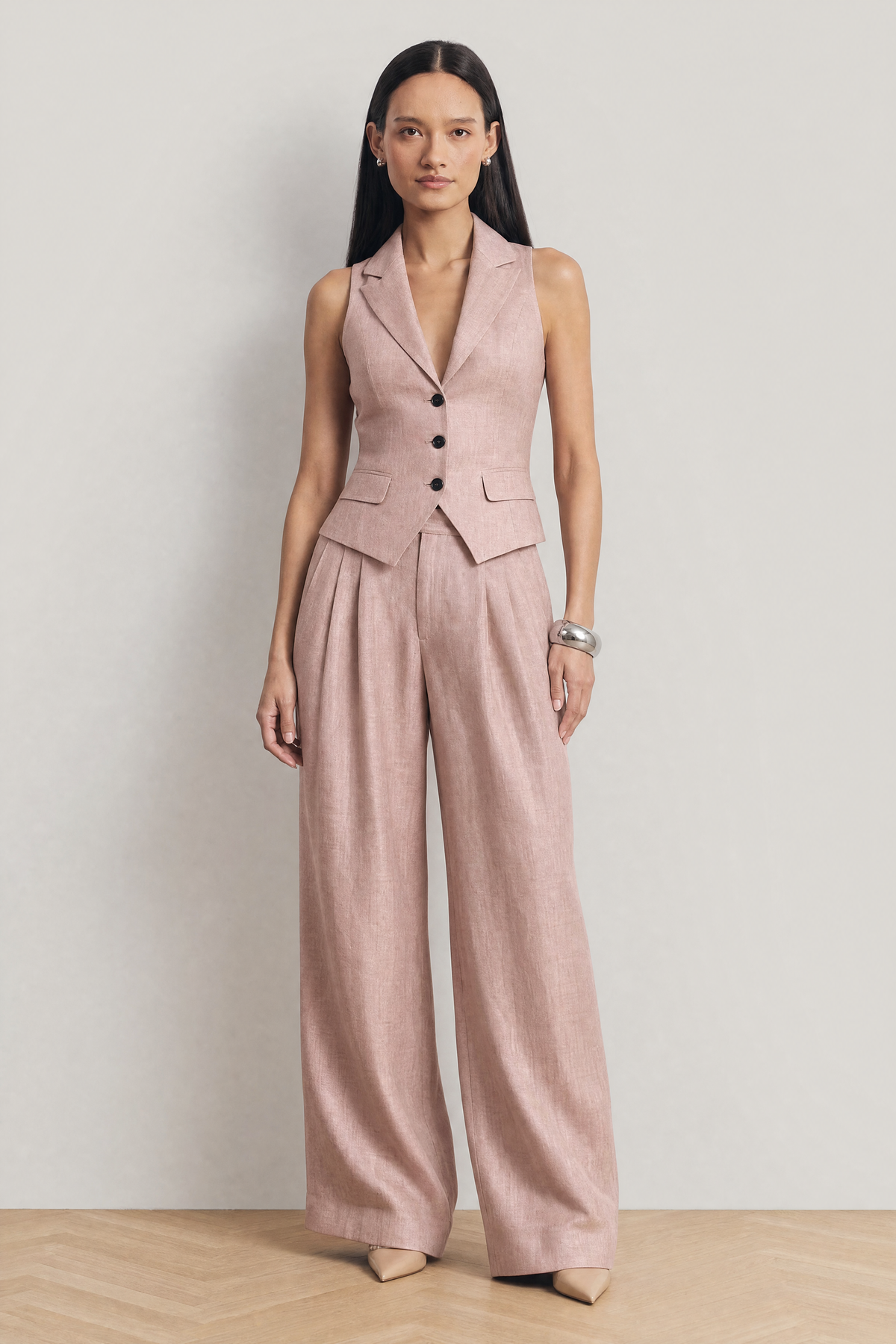 The Soleil Sleeveless Waistcoat & Wide-Leg Trouser Set in blush pink - front