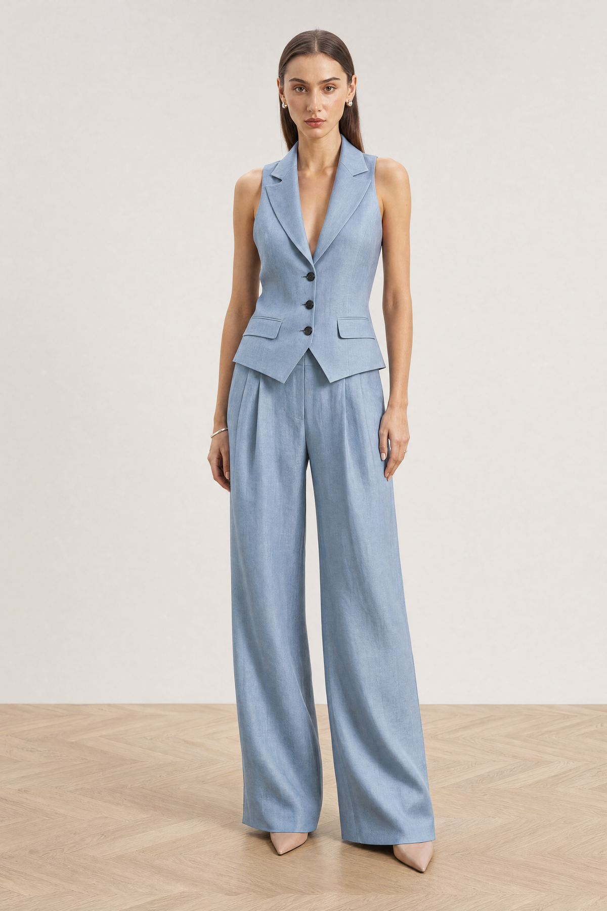 The Soleil Sleeveless Waistcoat & Wide-Leg Trouser Set in light blue