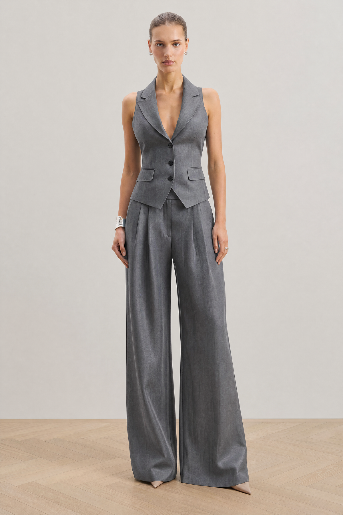 The Soleil Sleeveless Waistcoat & Wide-Leg Trouser Set in grey