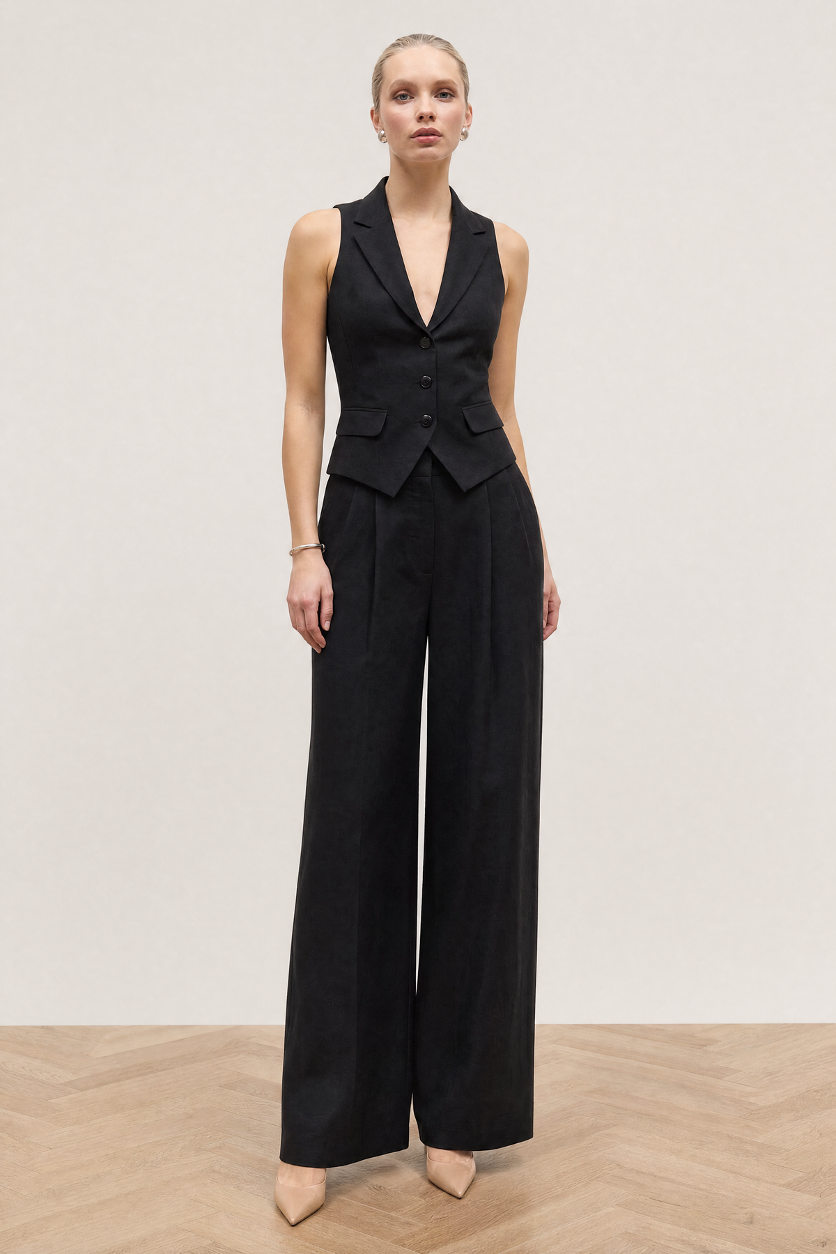 The Soleil Sleeveless Waistcoat & Wide-Leg Trouser Set in black