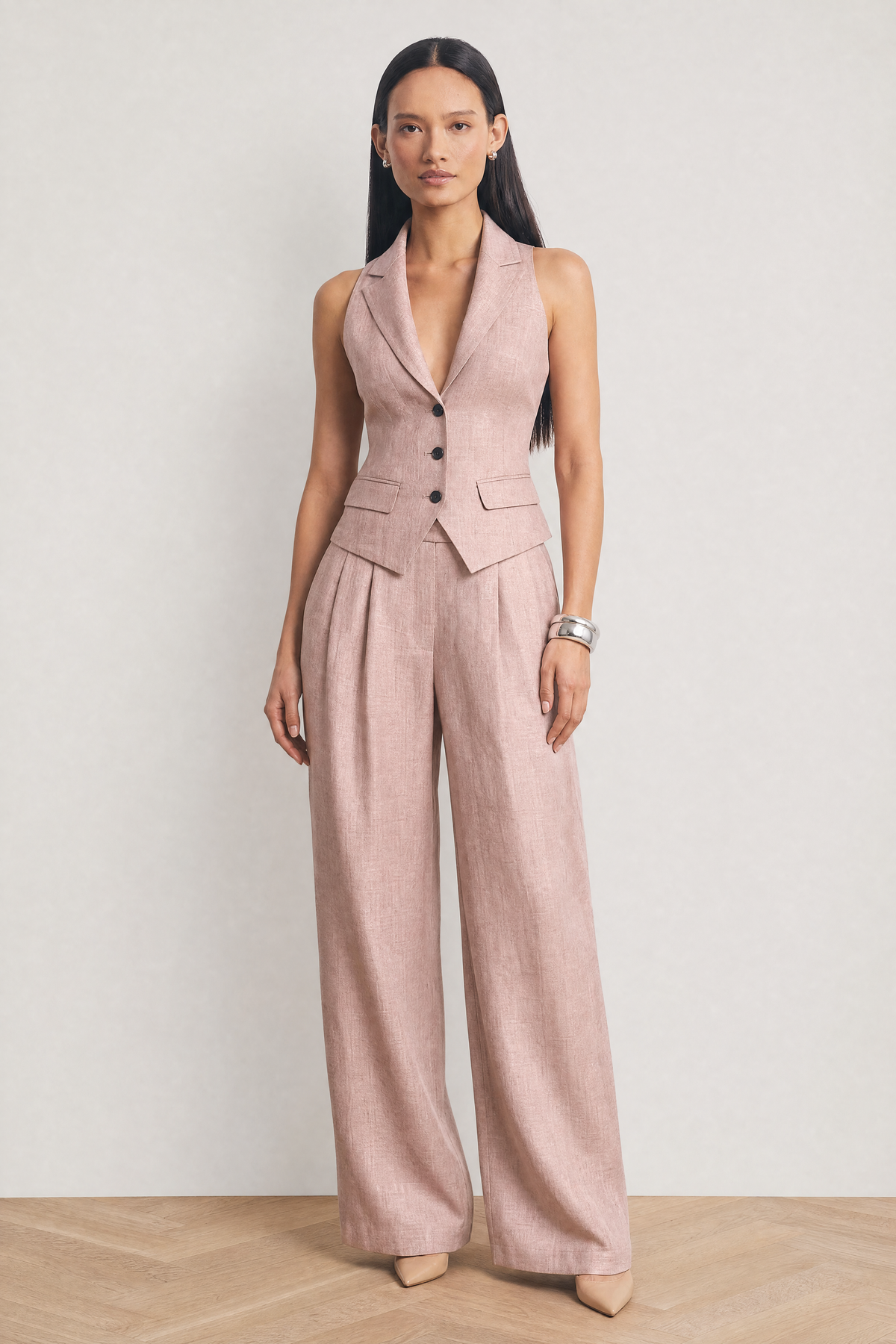 The Soleil Sleeveless Waistcoat & Wide-Leg Trouser Set in blush pink - front full length