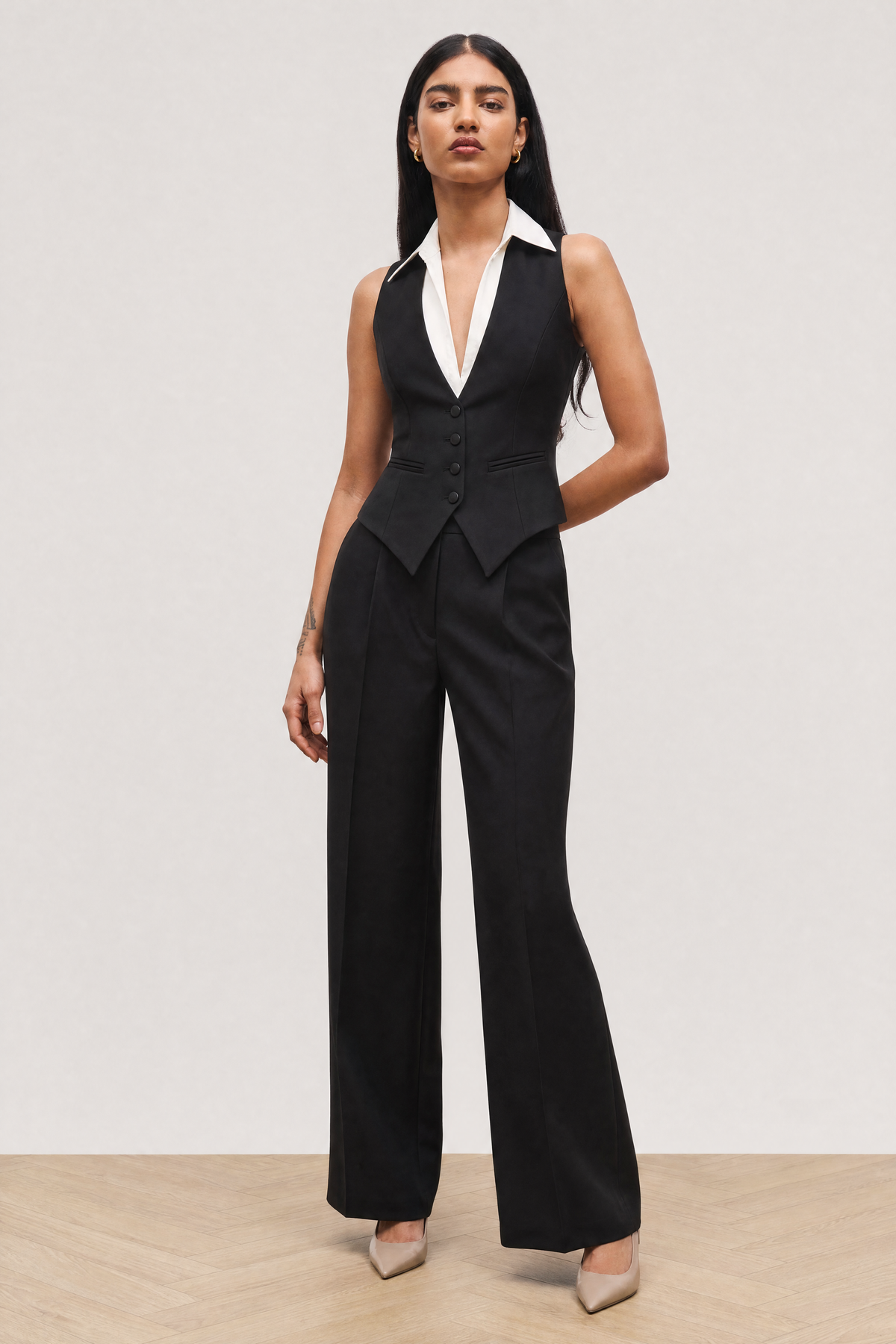 Tailored Waistcoat Layering Top in Black - studio view 1