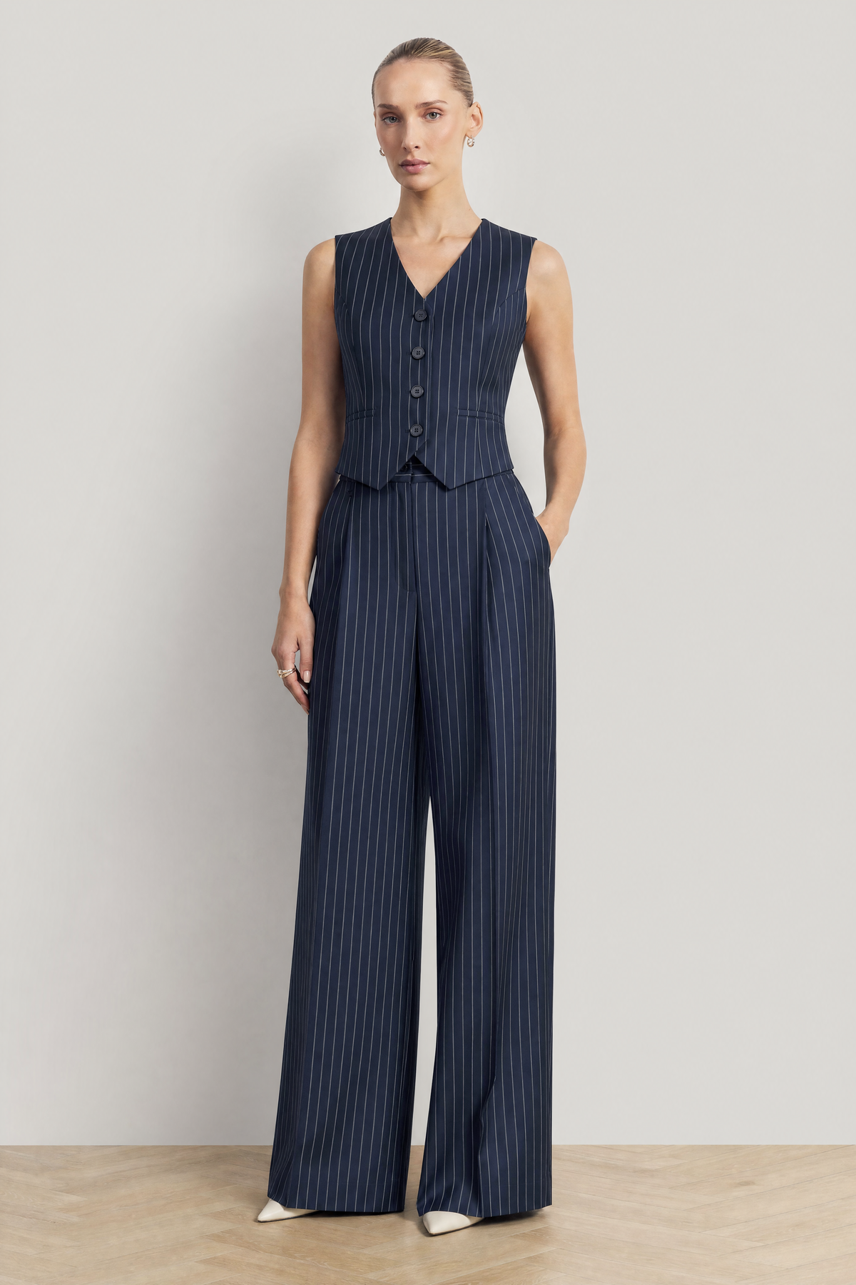 Hartley Pinstripe Waistcoat Set in Navy Pinstripe - studio view 1